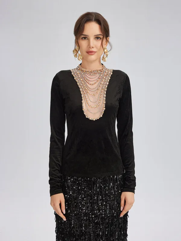 Hand-Beaded Crystal Chain Velvet Top sold by Rich Radi Q's