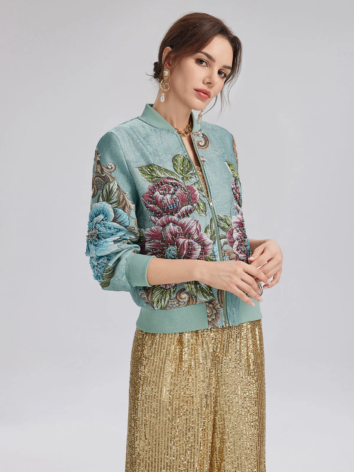 Hand-Beaded 3D Floral Bomber Jacket sold by Rich Radi Q's product image thumbnail 3