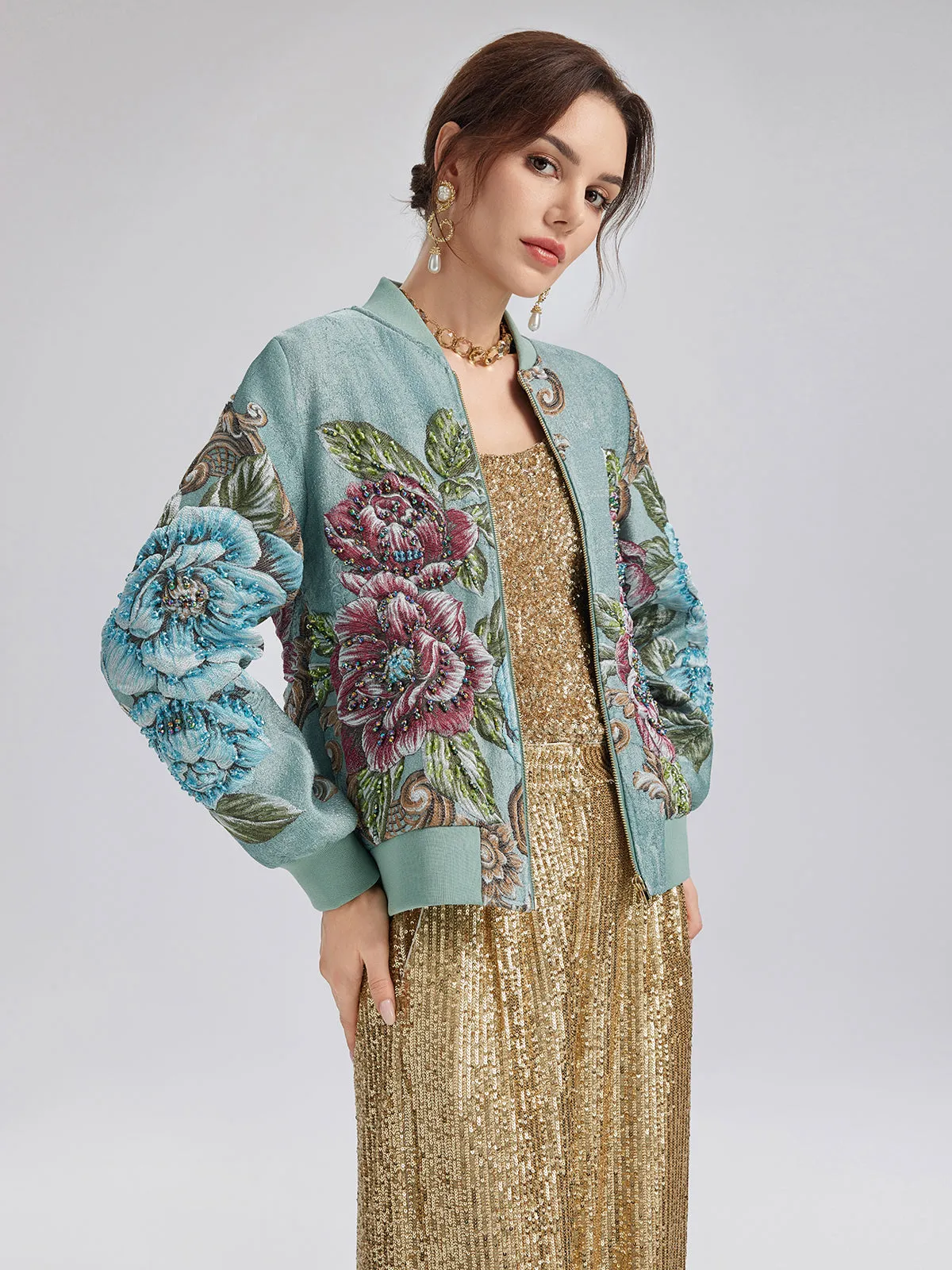 Hand-Beaded 3D Floral Bomber Jacket sold by Rich Radi Q's product image thumbnail 5