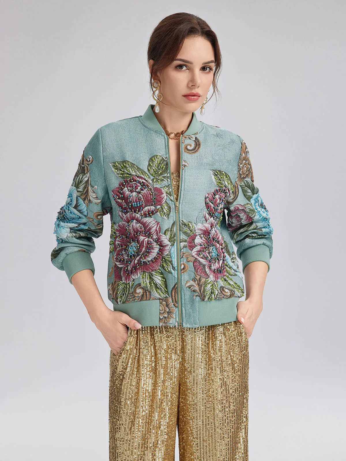 Hand-Beaded 3D Floral Bomber Jacket sold by Rich Radi Q's product image thumbnail 2