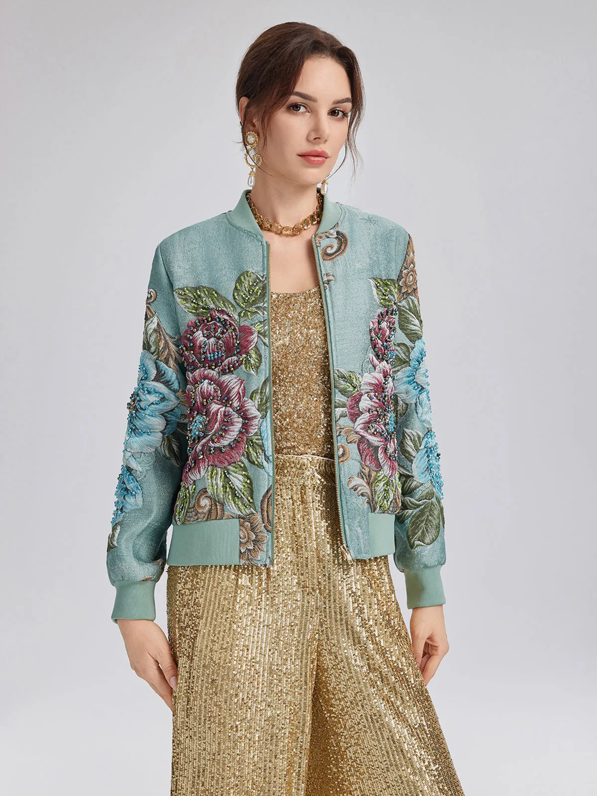 Hand-Beaded 3D Floral Bomber Jacket sold by Rich Radi Q's product image thumbnail 4