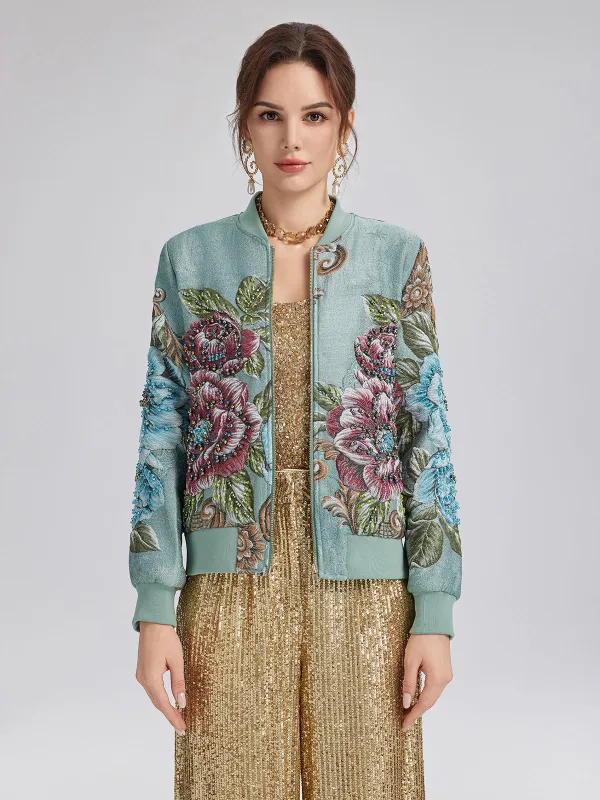 Hand-Beaded 3D Floral Bomber Jacket sold by Rich Radi Q's