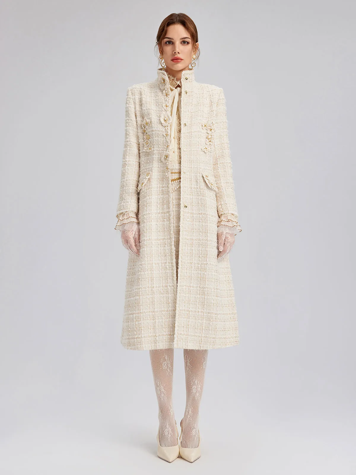 Two-Tone Check Tweed Hand-Beaded Floral Coat sold by Rich Radi Q's
