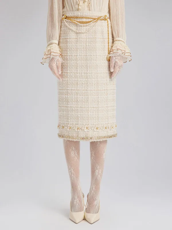 Two-Tone Check Tweed Hand-Beaded Floral Skirt sold by Rich Radi Q's