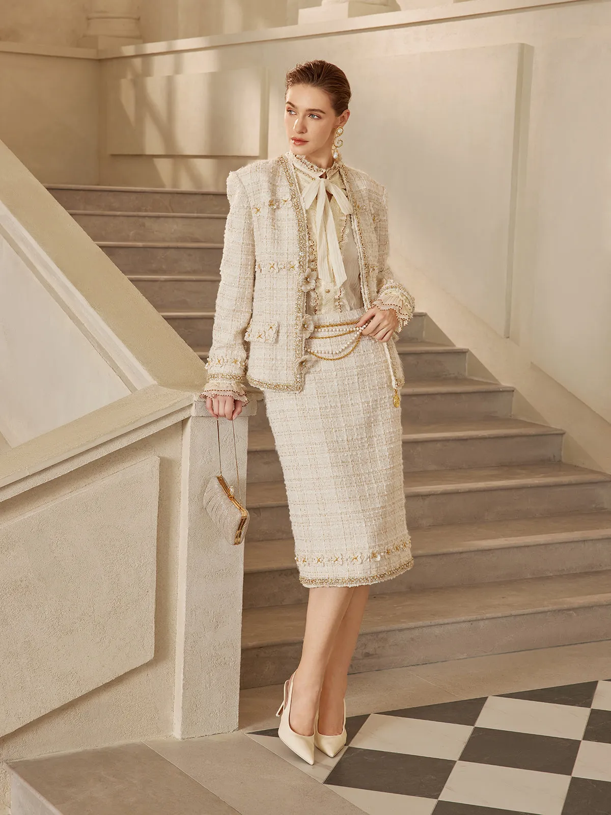 Two-Tone Check Tweed Hand-Beaded Floral Jacket (Matching Scrunchie Included) sold by Rich Radi Q's product image thumbnail 2