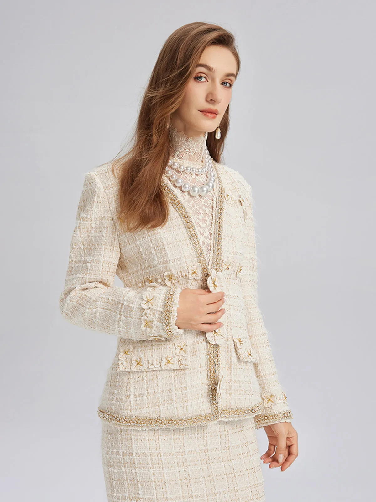 Two-Tone Check Tweed Hand-Beaded Floral Jacket (Matching Scrunchie Included) sold by Rich Radi Q's product image thumbnail 5