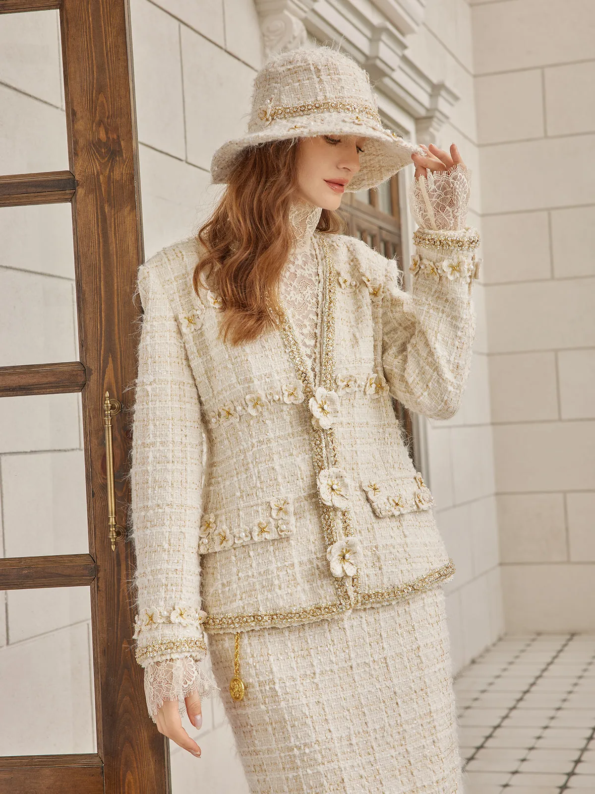 Two-Tone Check Tweed Hand-Beaded Floral Jacket (Matching Scrunchie Included) sold by Rich Radi Q's product image thumbnail 3