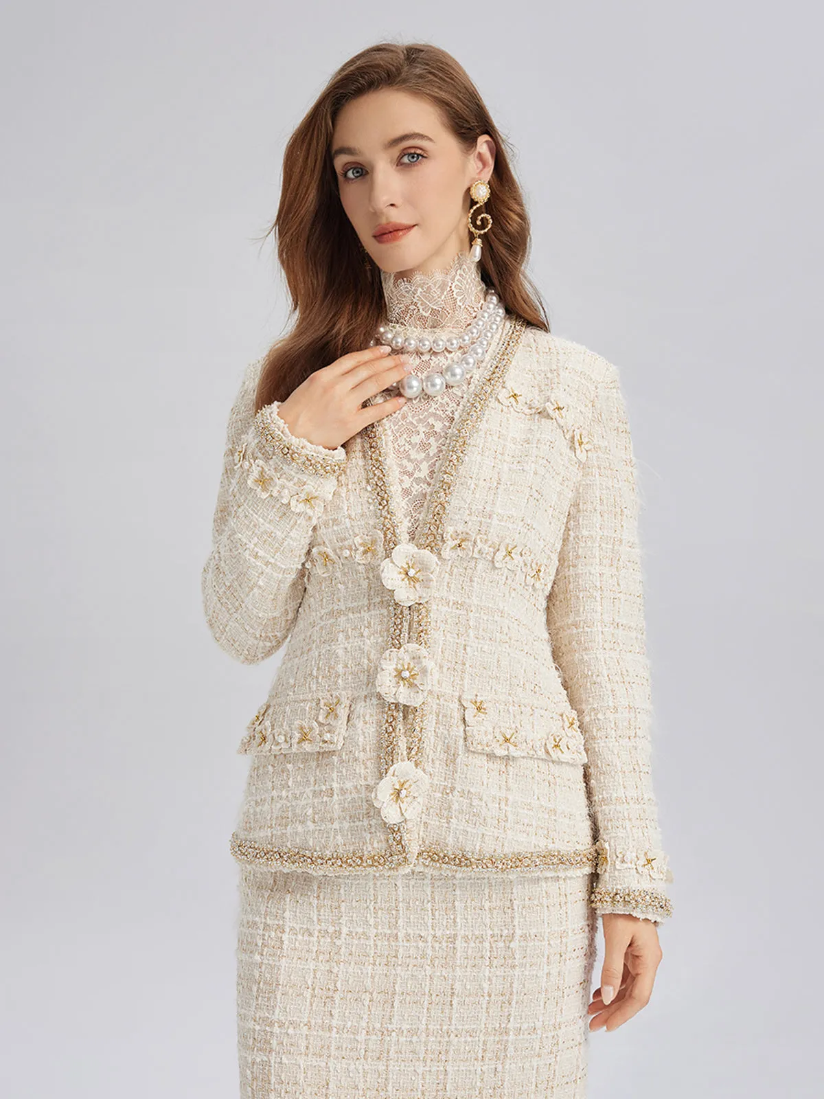 Two-Tone Check Tweed Hand-Beaded Floral Jacket (Matching Scrunchie Included) sold by Rich Radi Q's product image thumbnail 4