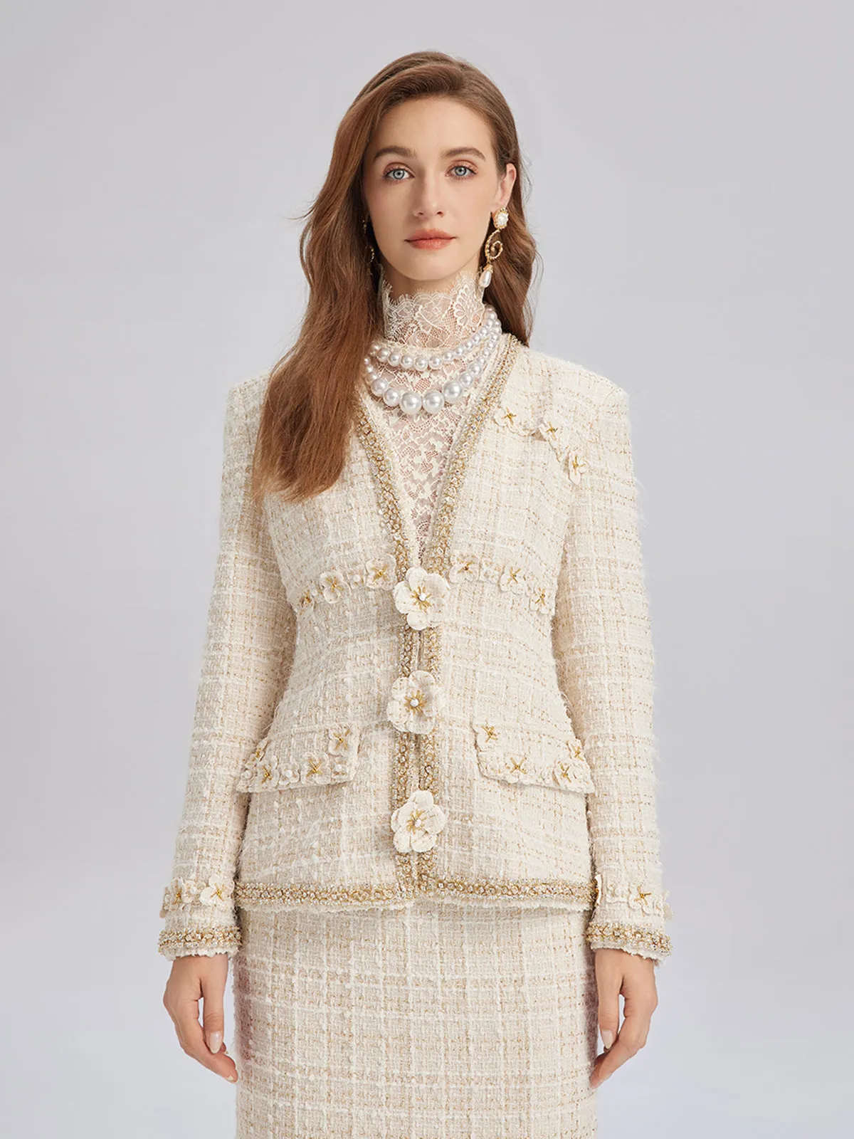 Two-Tone Check Tweed Hand-Beaded Floral Jacket (Matching Scrunchie Included) sold by Rich Radi Q's