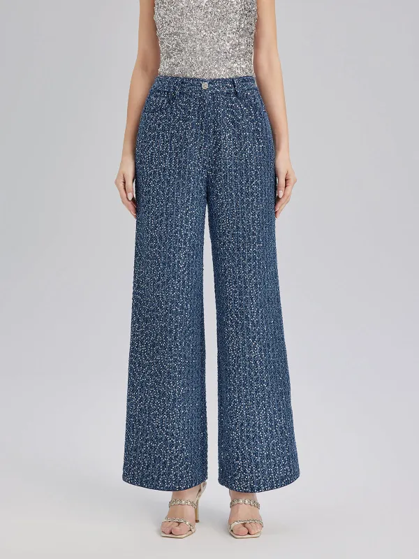 Sequined Denim-Look Tweed Hand-Beaded Pants sold by Rich Radi Q's