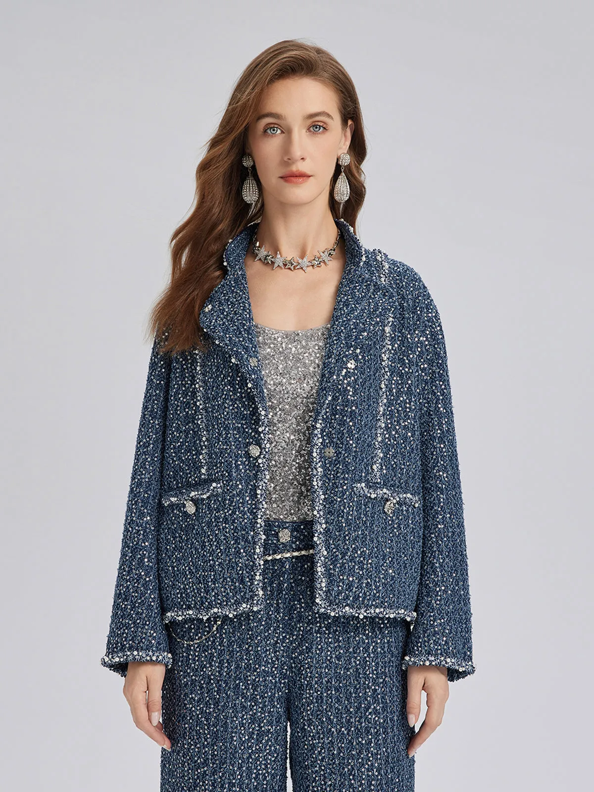 Sequined Denim-Look Tweed Hand-Beaded Jacket sold by Rich Radi Q's
