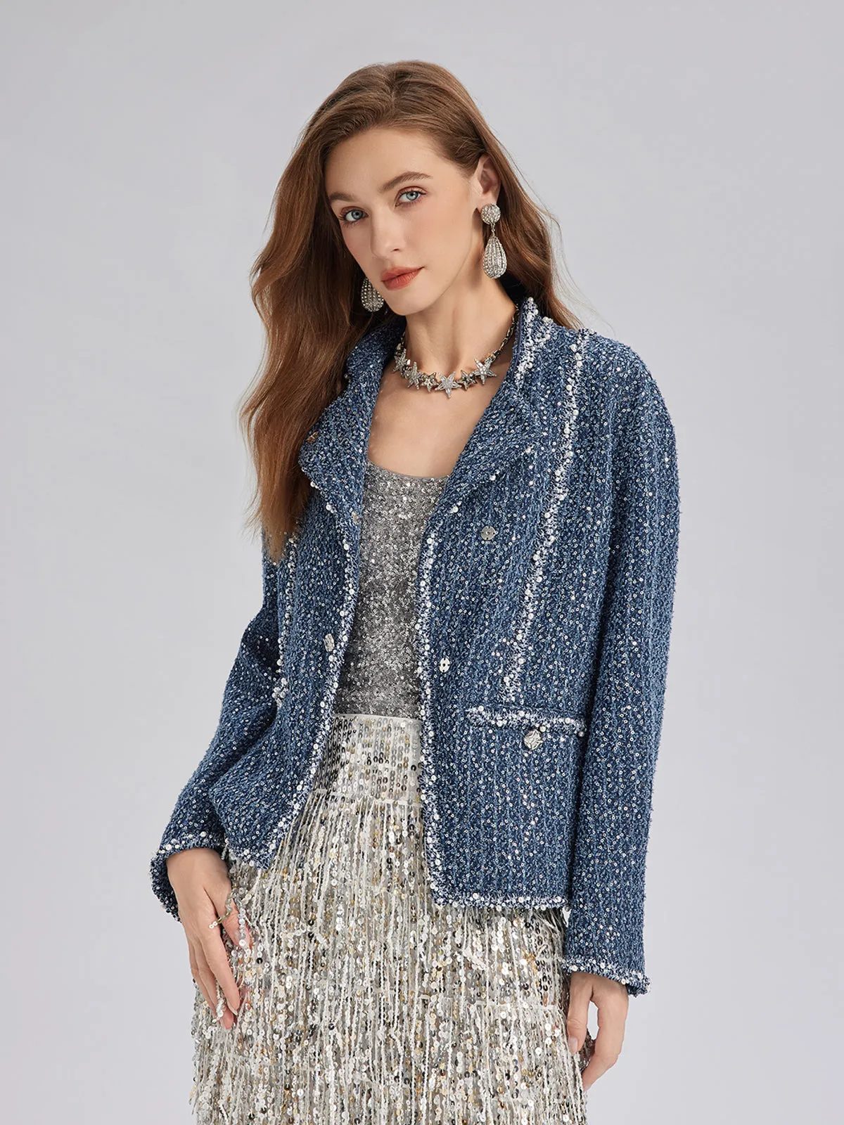 Sequined Denim-Look Tweed Hand-Beaded Jacket sold by Rich Radi Q's product image thumbnail 3
