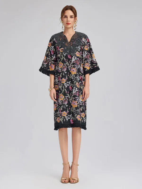 Sequin-Embroidered Raw-Edge V-Neck Dress sold by Rich Radi Q's