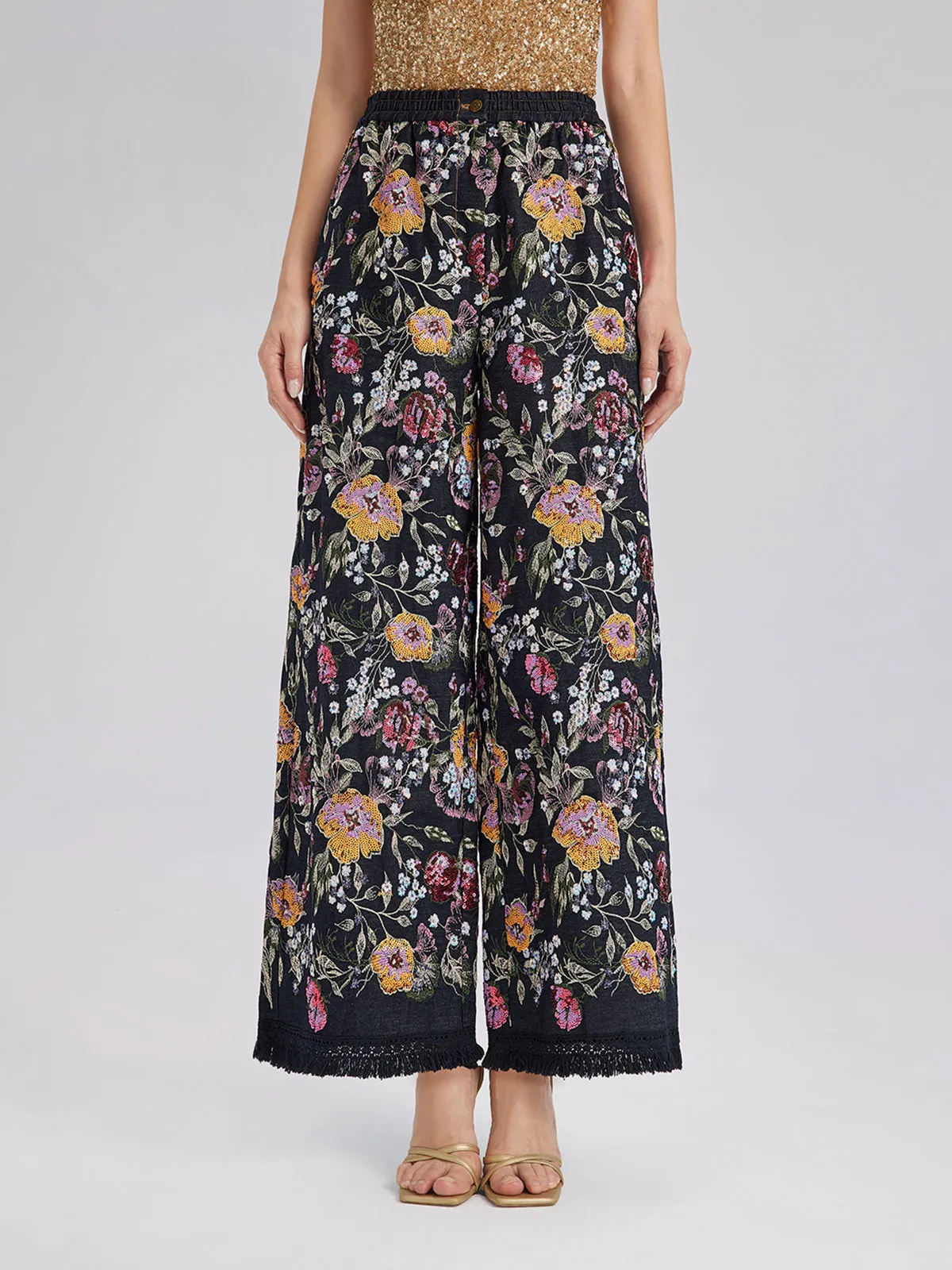 Sequin-Embroidered Denim Raw-Edge Pants sold by Rich Radi Q's