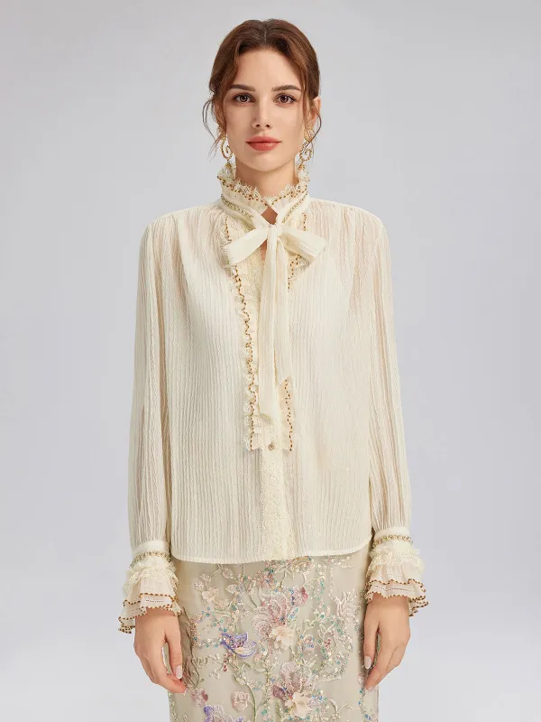 Pleated Lace-Ruffle Trim Bow-Tie Blouse sold by Rich Radi Q's