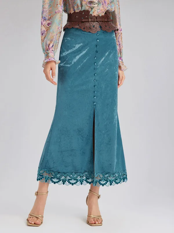 Velvet Lace-Trim Front Slit Fishtail Skirt sold by Rich Radi Q's