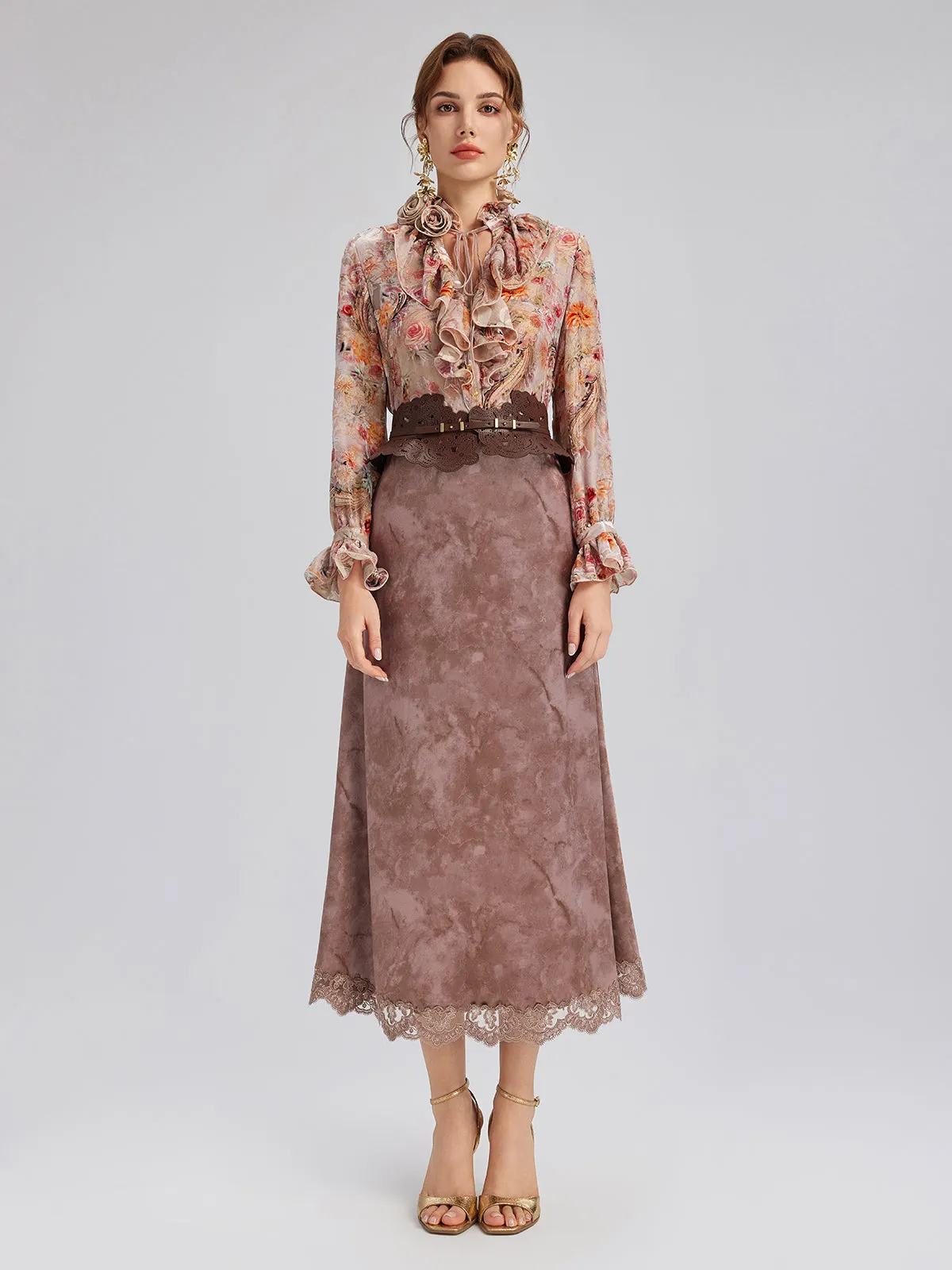 Chestnut Velvet Lace-Trim Fishtail Skirt sold by Rich Radi Q's product image thumbnail 2