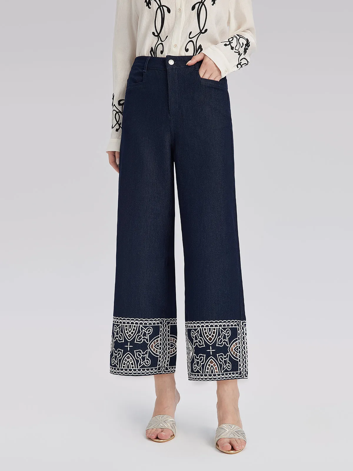 Cutout Embroidered Cotton Straight-Leg Pants sold by Rich Radi Q's