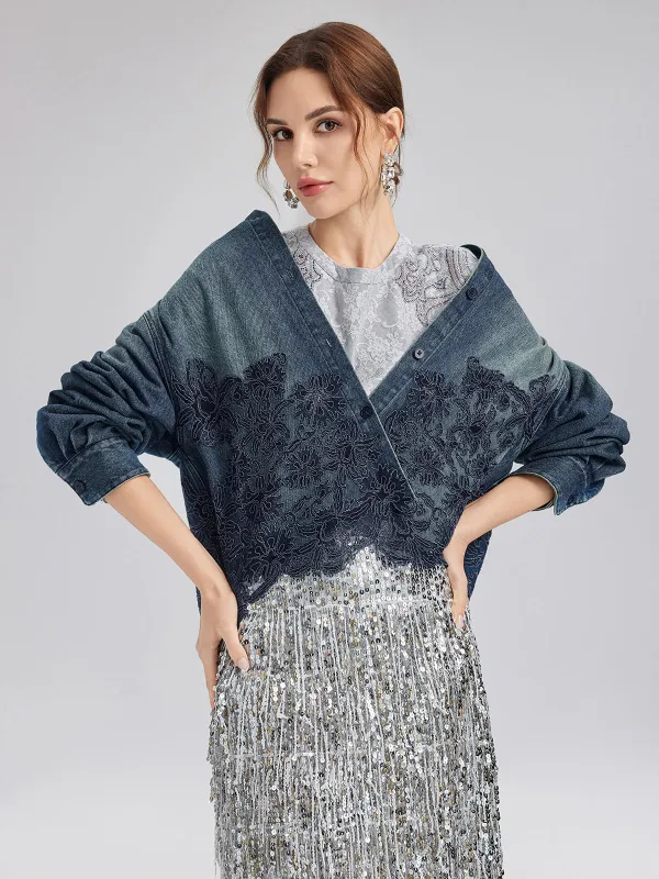 Lace-Paneled Cotton Denim Jacket sold by Rich Radi Q's