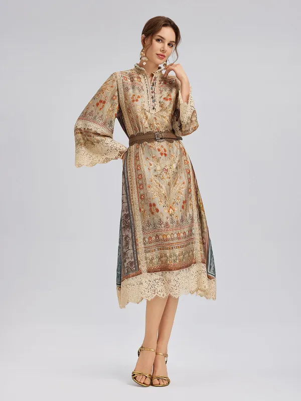 Artistic Botanical Print Lace-Trim Dress (Belt Included) made by Rich Radi Q's