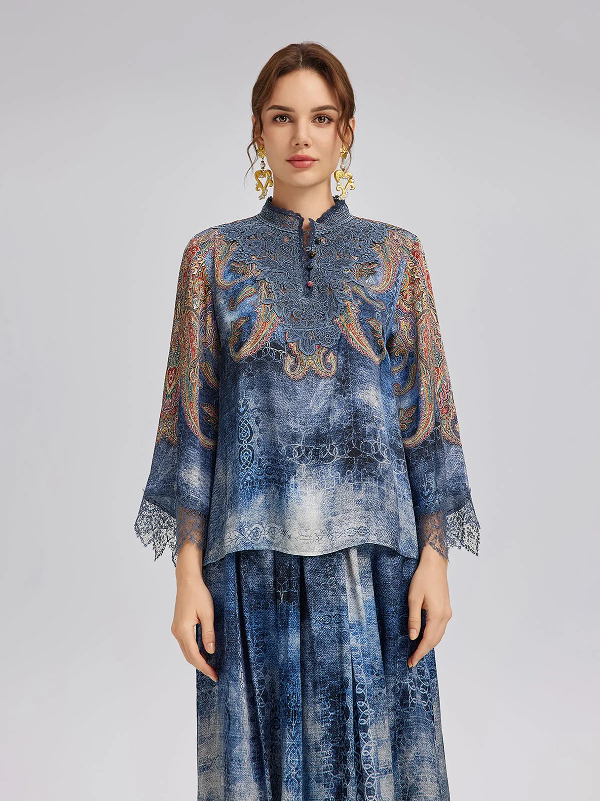 100% Silk Paisley Tie-Dye Stand Collar Blouse sold by Rich Radi Q's product image thumbnail 4