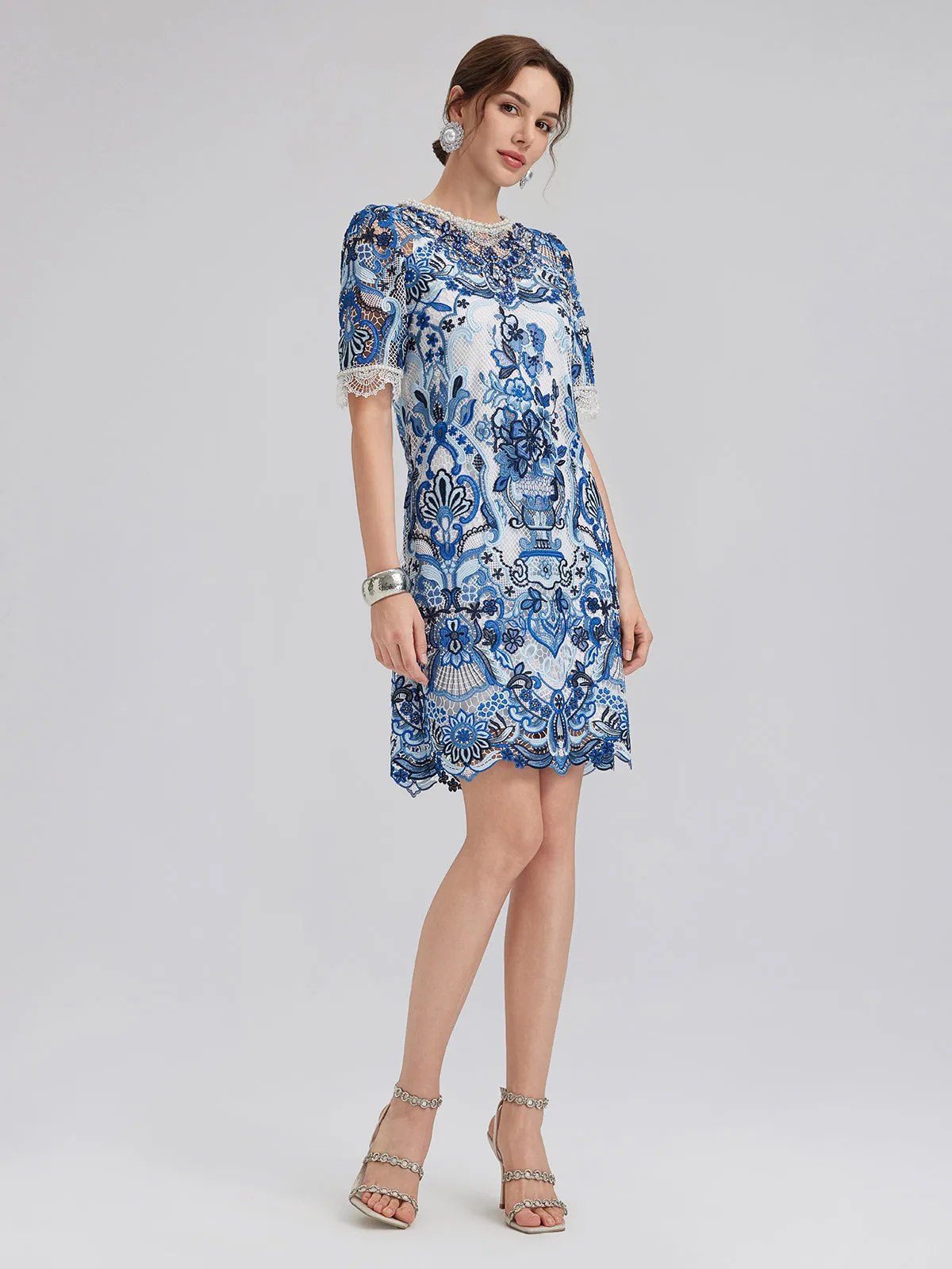 Guipure Lace Hand-Applied Crystals Mini Dress sold by Rich Radi Q's product image thumbnail 5