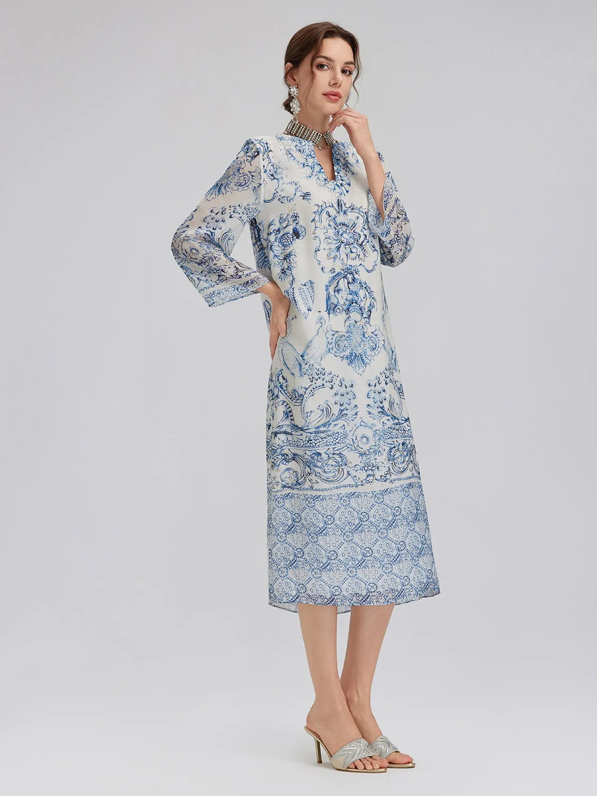Silk Italian Floral Printed V-Neckline Dress sold by Rich Radi Q's product image thumbnail 4