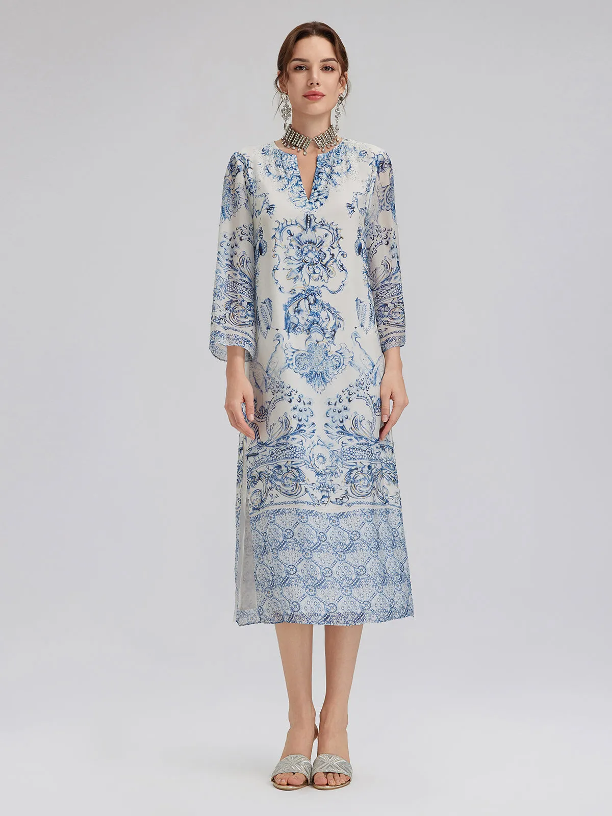 Silk Italian Floral Printed V-Neckline Dress sold by Rich Radi Q's product image thumbnail 3