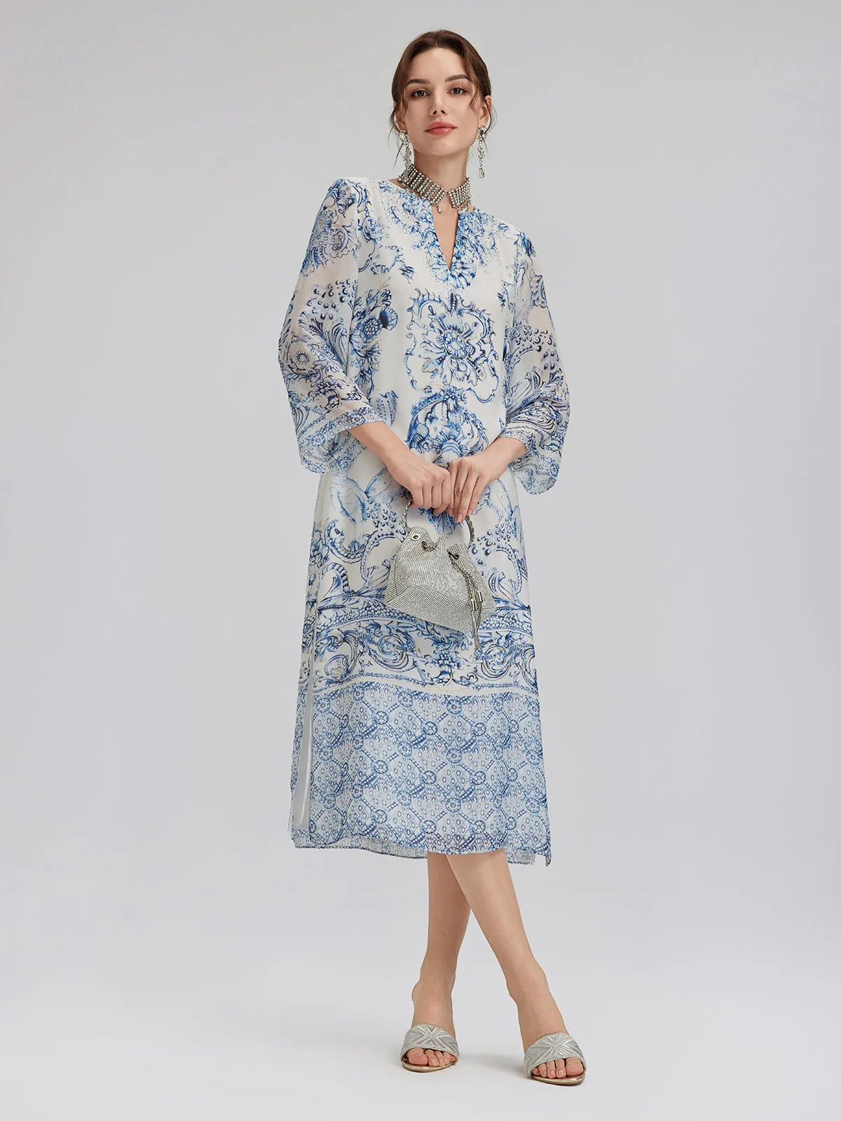 Silk Italian Floral Printed V-Neckline Dress sold by Rich Radi Q's product image thumbnail 2