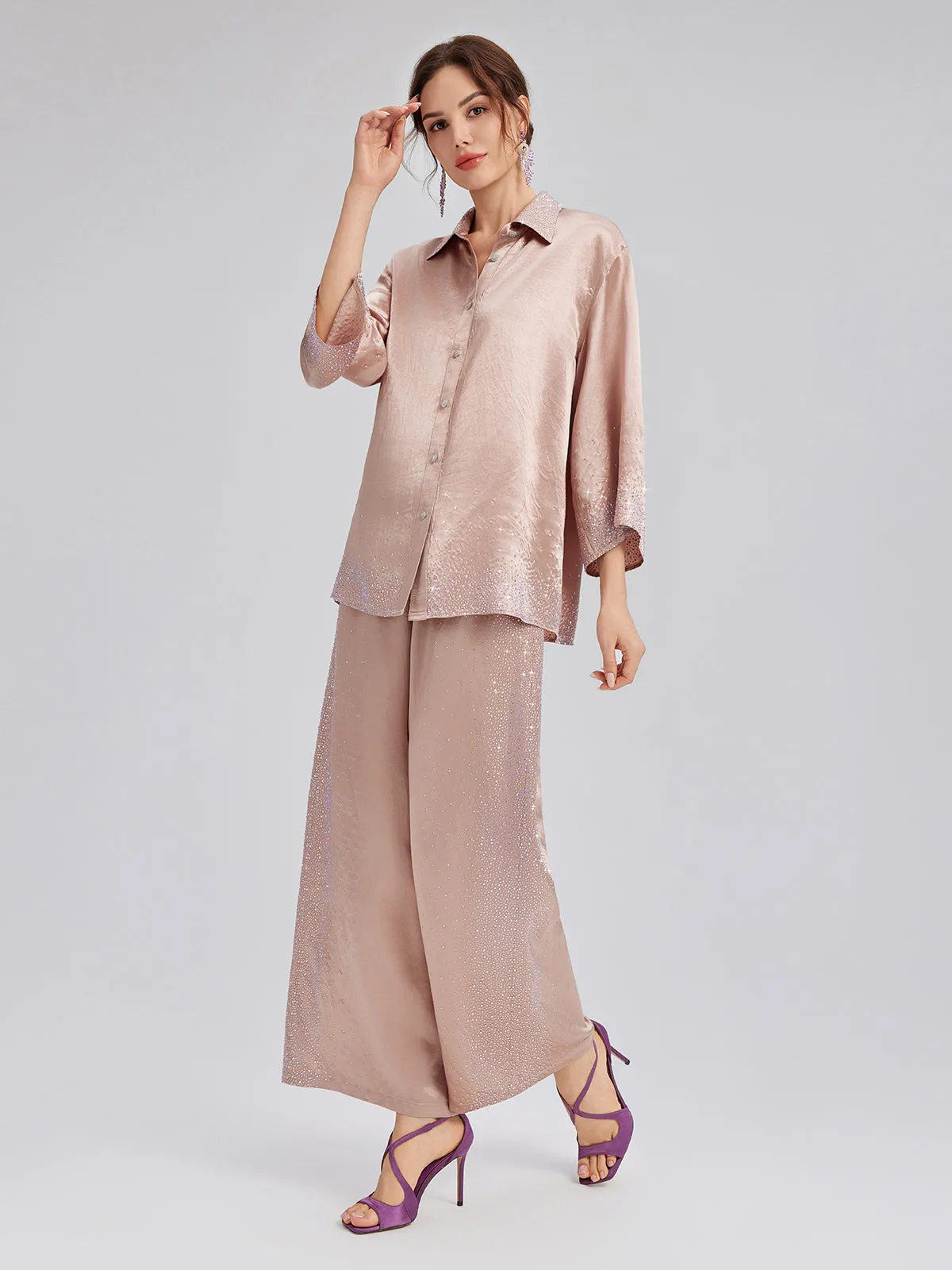 Crystal-Embellished Stretch Waistband Wide-Leg Pants sold by Rich Radi Q's product image thumbnail 5