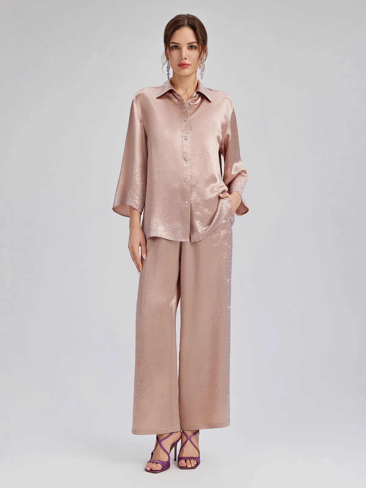 Crystal-Embellished Stretch Waistband Wide-Leg Pants sold by Rich Radi Q's product image thumbnail 4