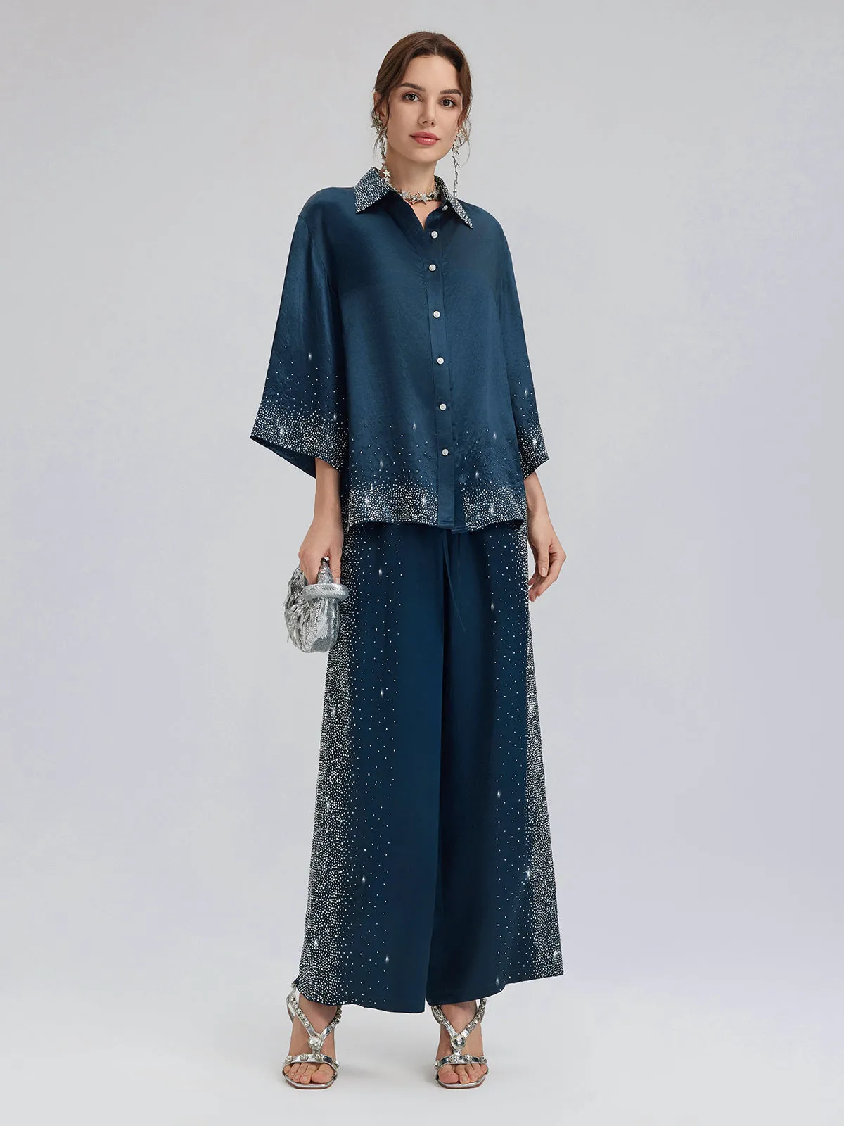 Crystal-Embellished Stretch Waistband Wide-Leg Pants sold by Rich Radi Q's product image thumbnail 3