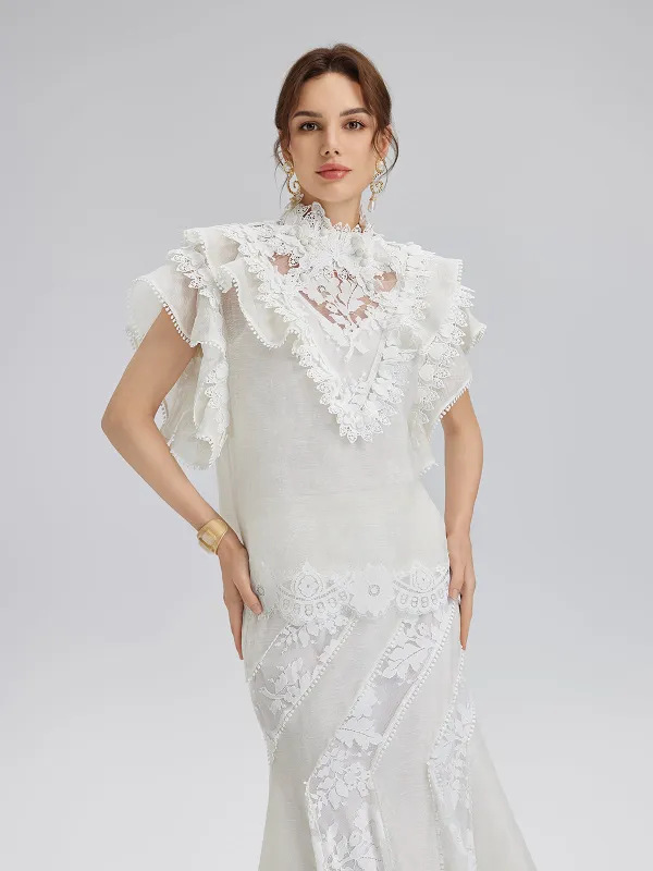 Ruffled Lace Trim Silk-Linen Blouse sold by Rich Radi Q's