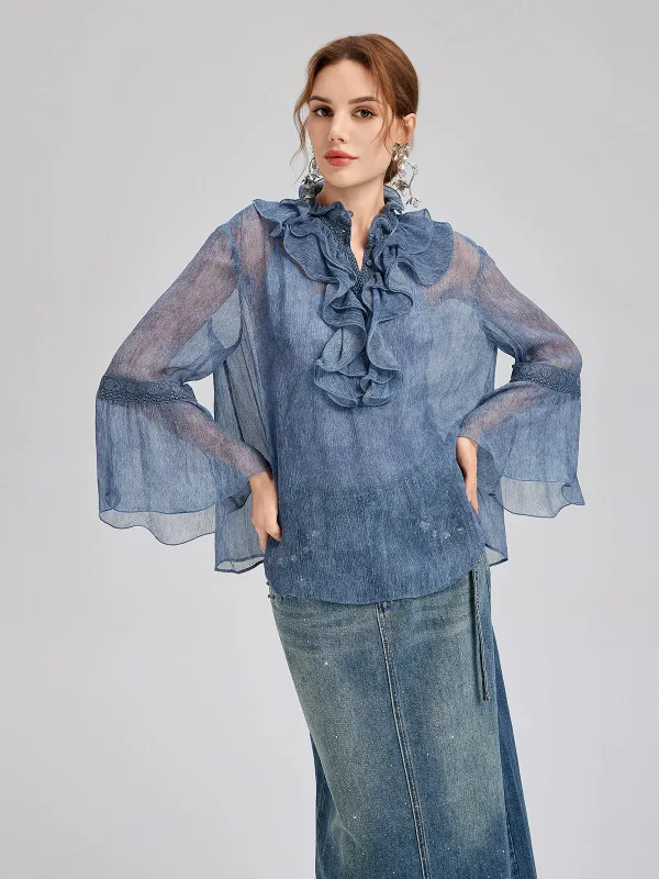 Silk Lace Ruffle Trim Blouse (100% Silk) sold by Rich Radi Q's