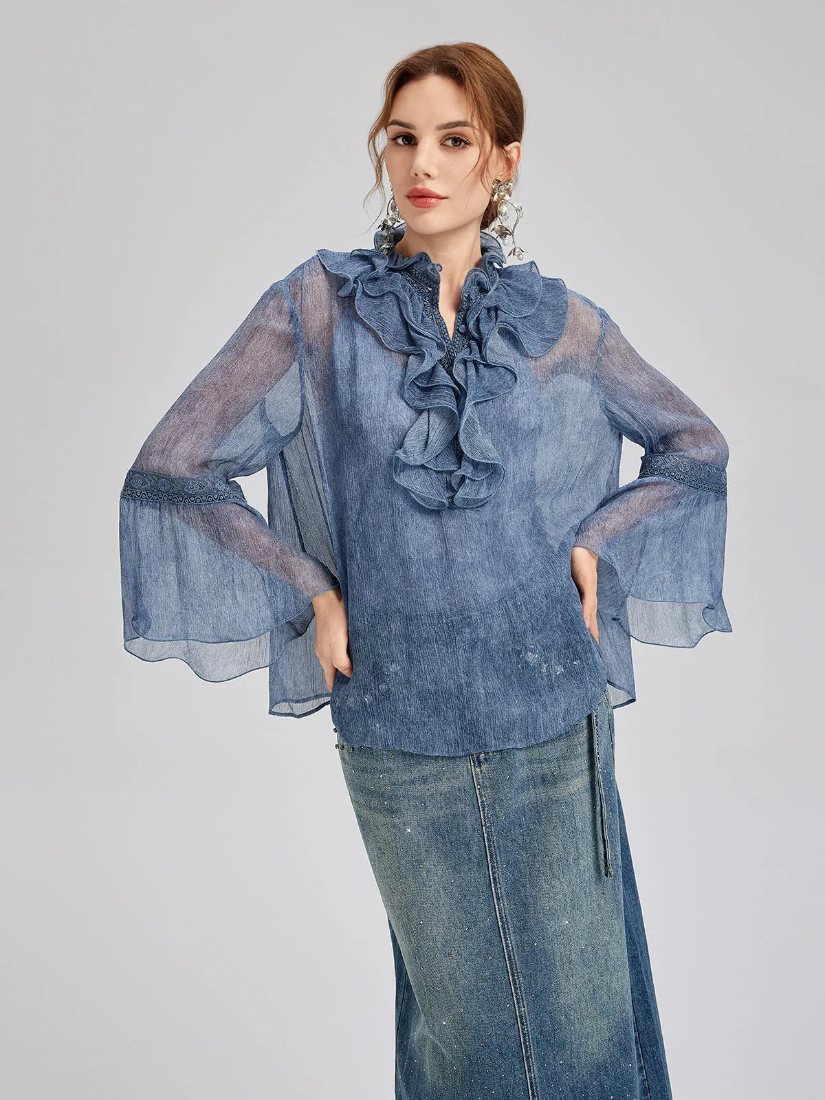Silk Lace Ruffle Trim Blouse (100% Silk) sold by Rich Radi Q's
