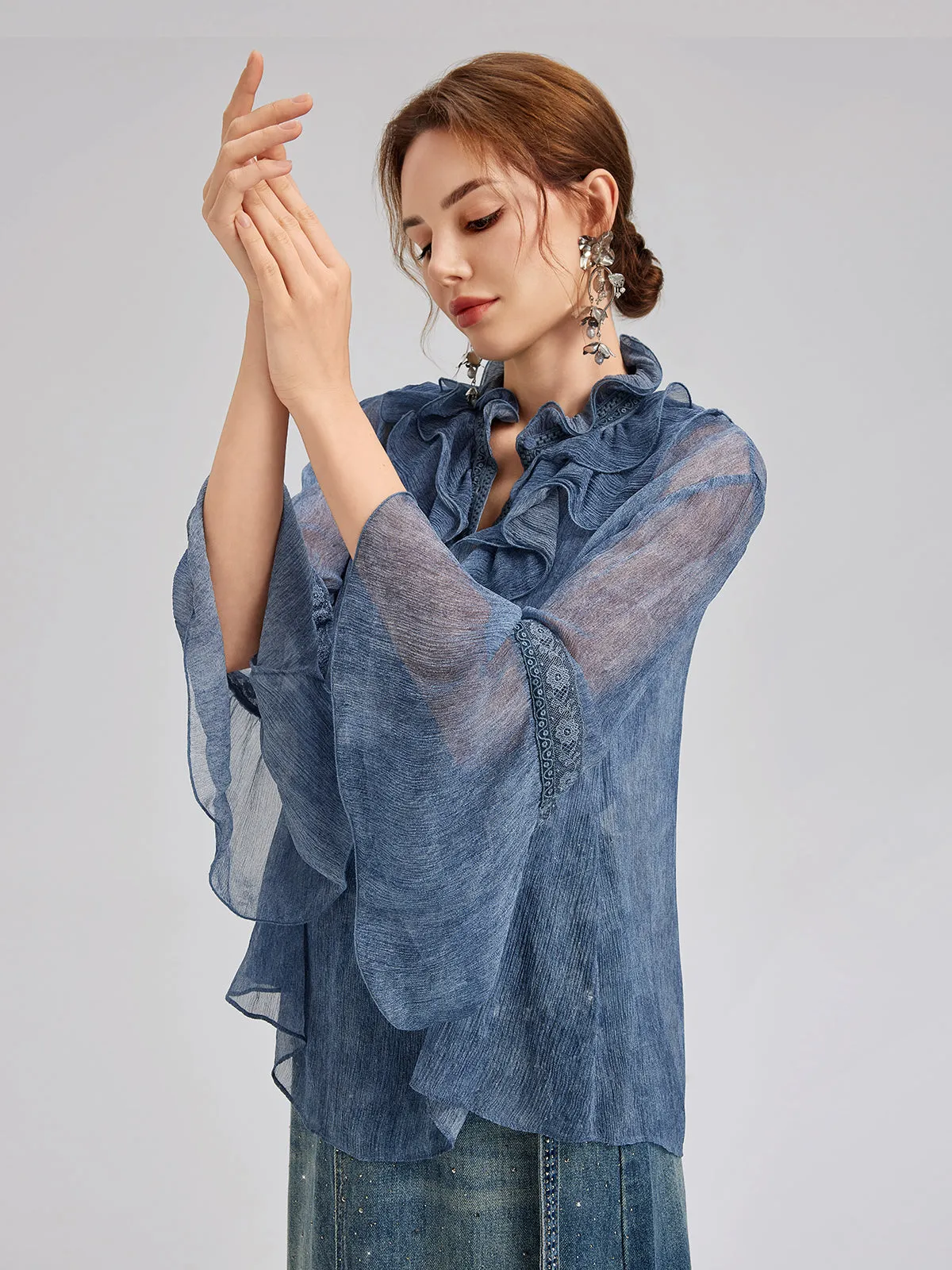 Silk Lace Ruffle Trim Blouse (100% Silk) sold by Rich Radi Q's product image thumbnail 5