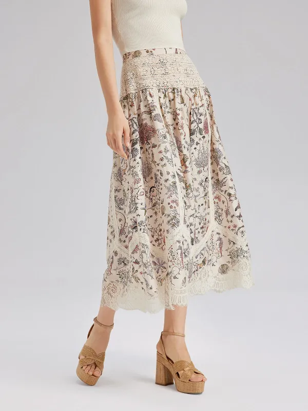 Silk-Linen Botanical Print Lace Skirt sold by Rich Radi Q's