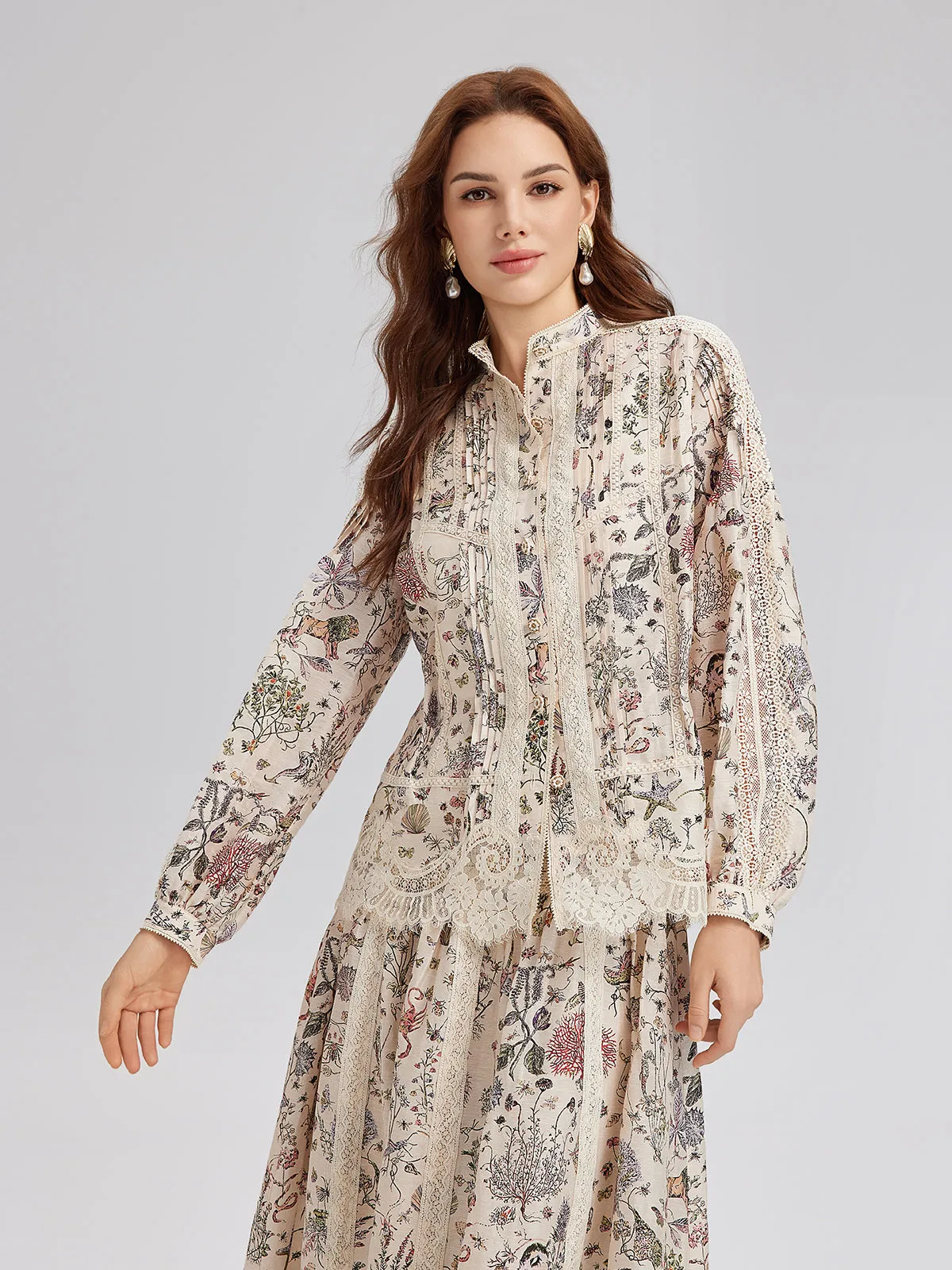 トップス Floral Lace Stand Collar Shirt Silk-Linen Floral Lace Stand-Collar Shirt | Parallel