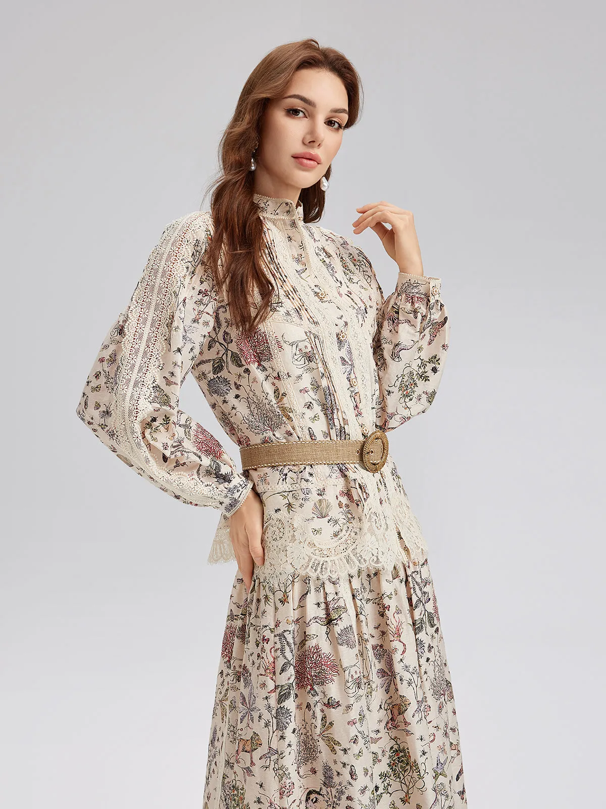 Silk-Linen Floral Lace Stand-Collar Shirt | Parallel