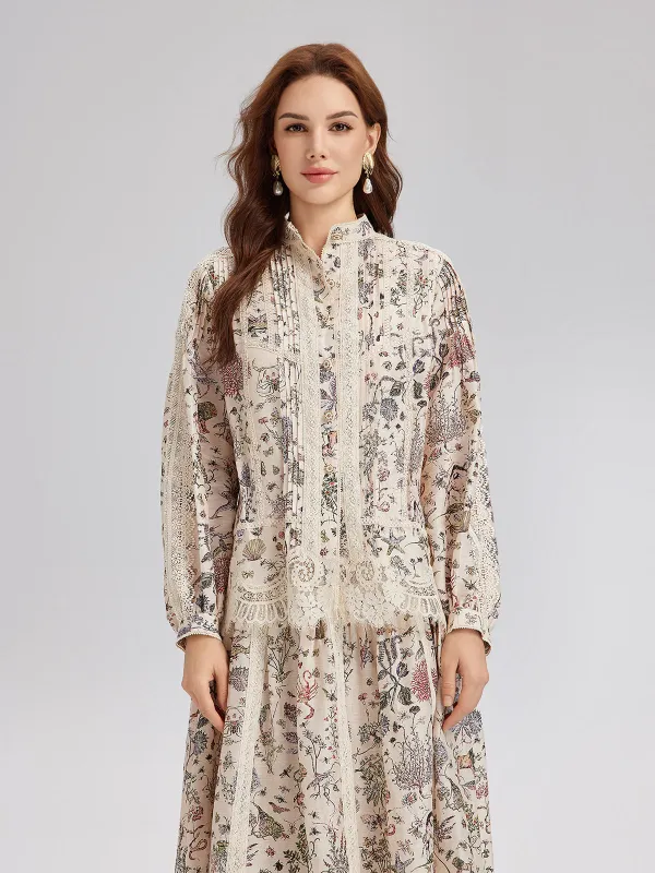 Silk-Linen Floral Lace Stand-Collar Shirt | Parallel