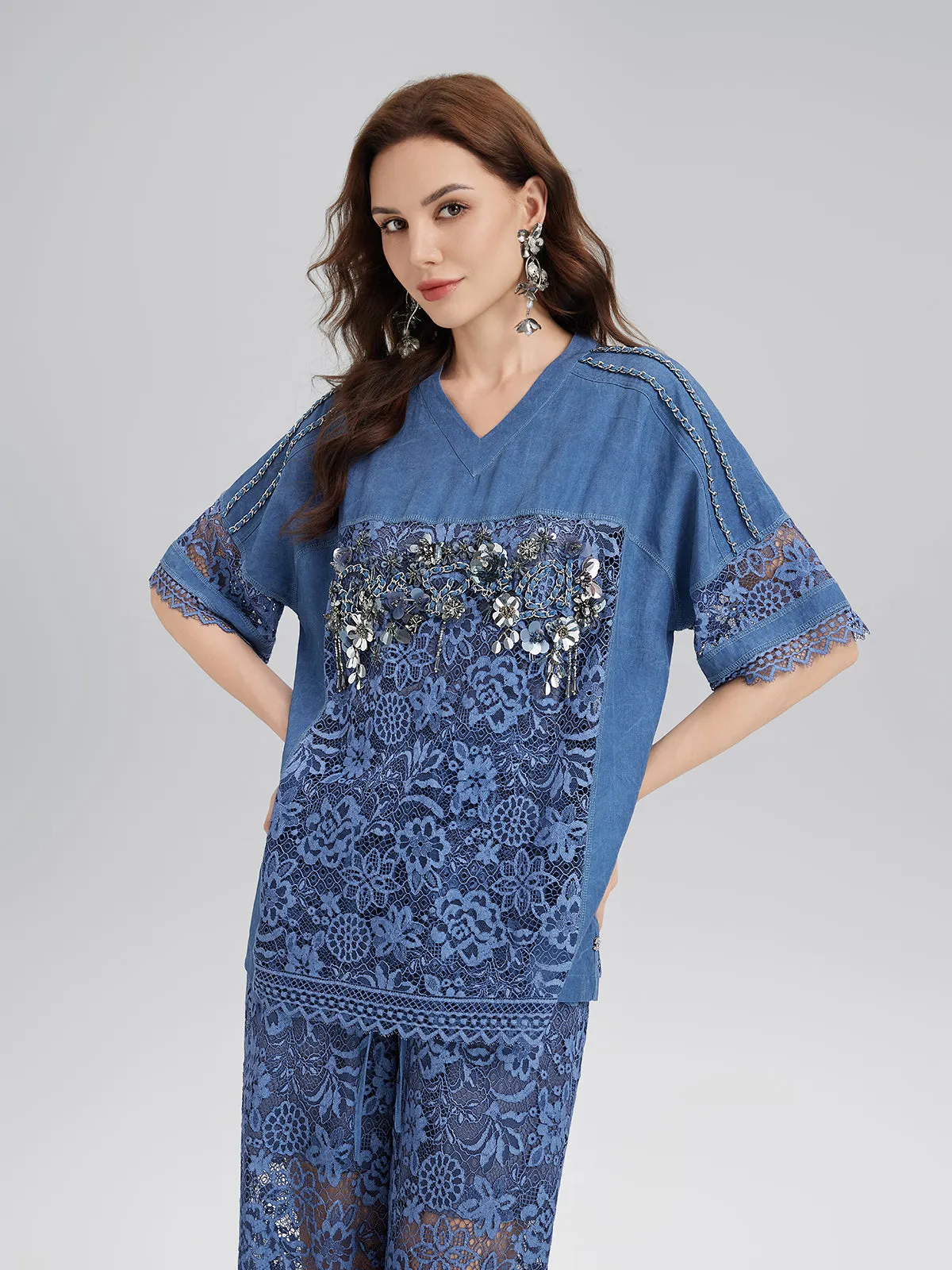 Hand-Beaded Lace Panel V-Neck Top sold by Rich Radi Q's product image thumbnail 2