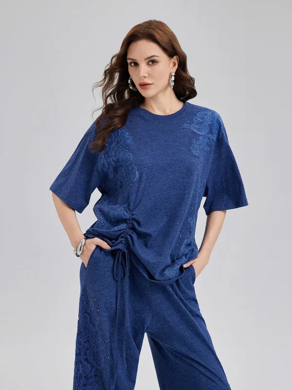 Hand-Lace Appliqué Knit Ruching Top sold by Rich Radi Q's