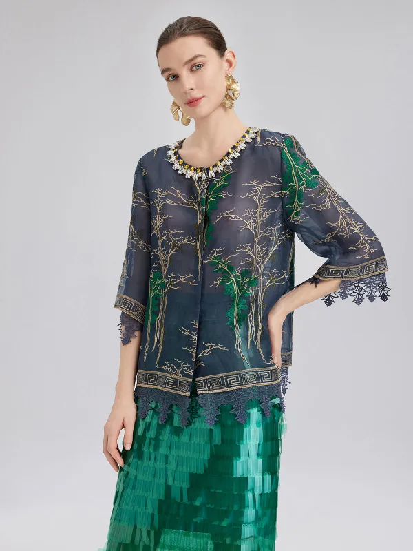 Mulberry Silk Embroidered Lace Trim Shirt sold by Rich Radi Q's