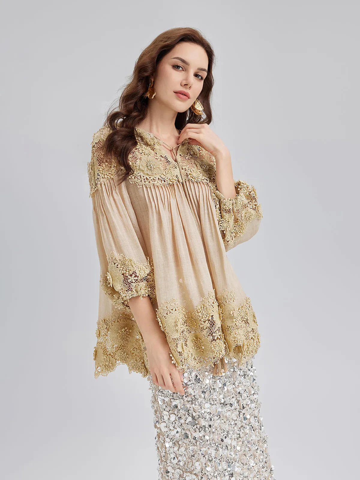 Lyocell Panelled Pleated Floral Lace Top sold by Rich Radi Q's