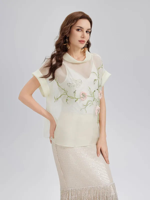 Silk 3D Sequin Embroidered Short-Sleeve Top sold by Rich Radi Q's