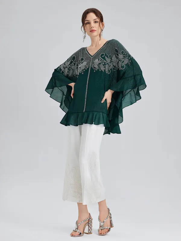 Metallic Chiffon Rhinestone V-Neck Top made by Rich Radi Q's