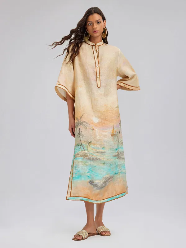 Linen Flared Sleeves Beach Print Dress made by Rich Radi Q's