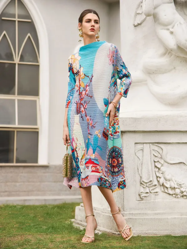 Artistic Print Pleated High Neck Dress - Wedding Dress Code sold by Rich Radi Q's