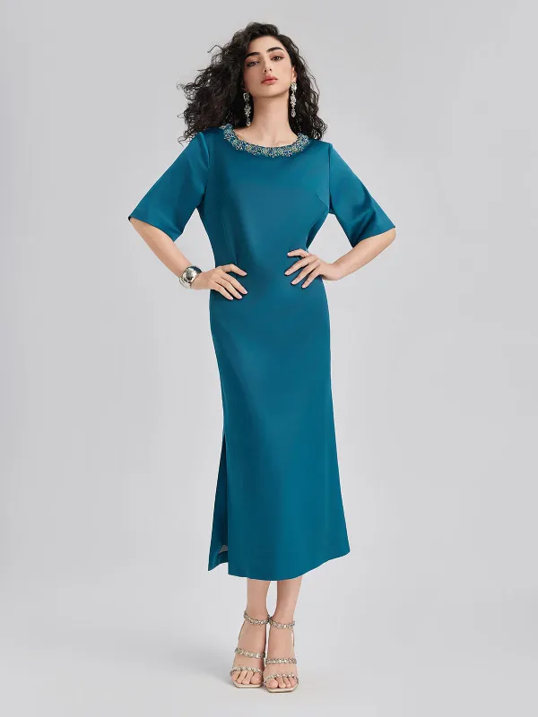 Intricate Crystal-Embellished Elegant Satin Dress made by Rich Radi Q's