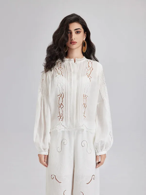 Pleated Hollow Embroidered Blouse - Chic Style sold by Rich Radi Q's